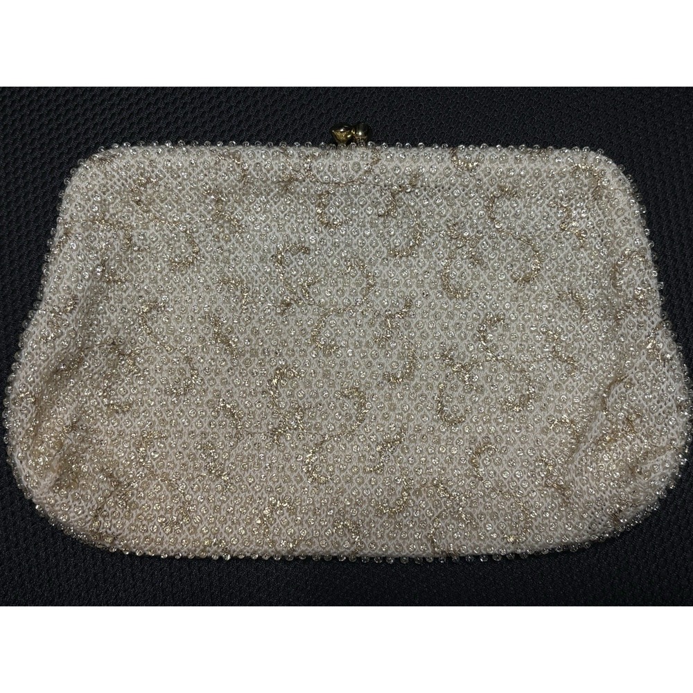 Vintage 1950-60s Lumiered Corde Beaded Hand Bag/Purse/Clutch Ivory/cream & Gold - Picture 8 of 14
